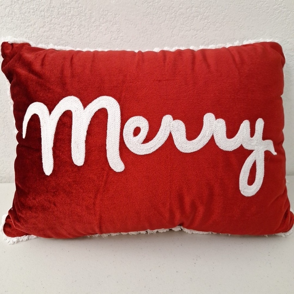 Silky Red Velvet Merry Christmas Pillow Stitched Script w/ Fringe 18" x 14" - Picture 2 of 11
